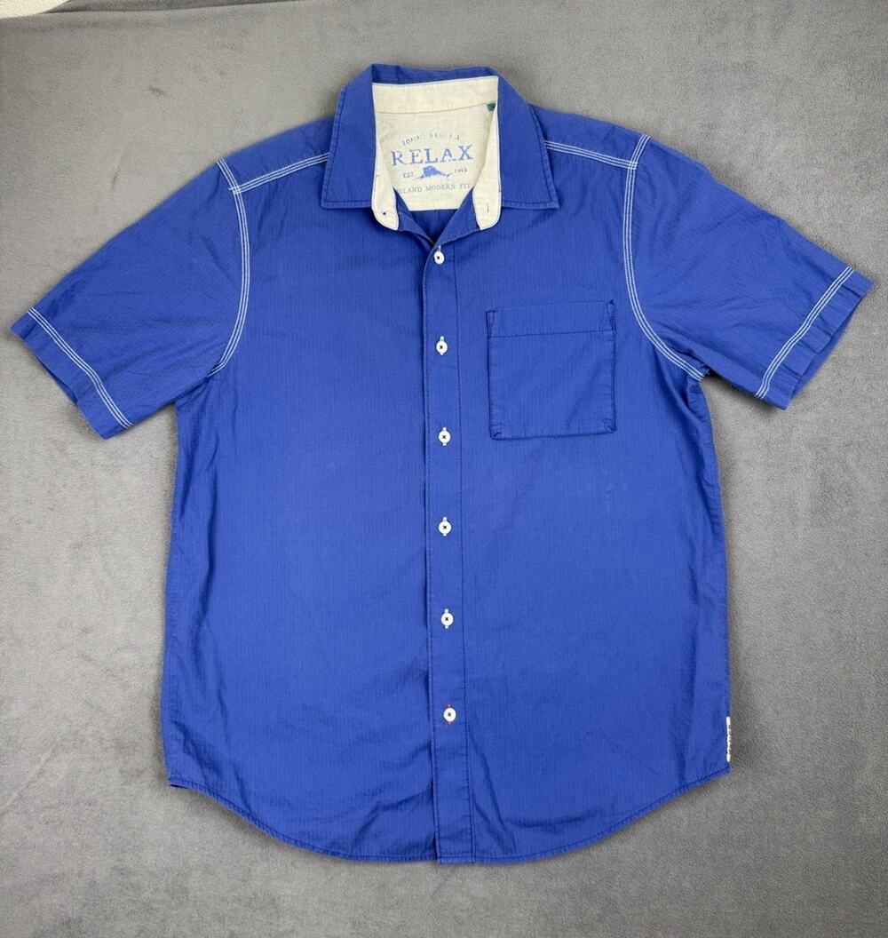 Tommy Bahama Relax Men’s M Blue Textured Cotton Shirt Island Modern Fit Pocket